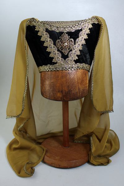 Horned Headdress - Black Crushed Velvet / Gold Topaz Veil / Antique Gold Chiffon Veil