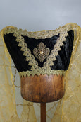 Horned Headdress - Blue Crushed Velvet / Antique Gold Embroidered Veil / Gold Topaz Veil