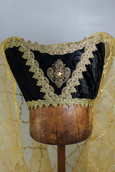 Horned Headdress - Blue Crushed Velvet / Antique Gold Embroidered Veil / Gold Topaz Veil