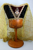 Horned Headdress - Black Crushed Velvet / Wine Quilted Center / Antique Gold Embroidered Veil / Topaz Ruby Jewel eil