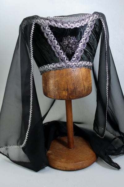 Horned Headdress - Black Velvet / Black Veil / Black Onyx Jewel