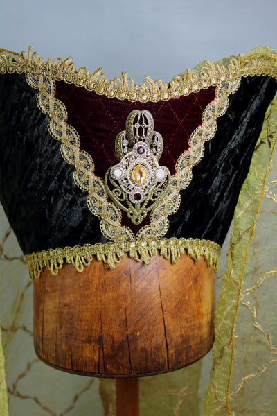 Horned Headdress - Black Crushed Velvet / Wine Quilted Center / Antique Gold Embroidered Veil / Topaz Ruby Jewel eil