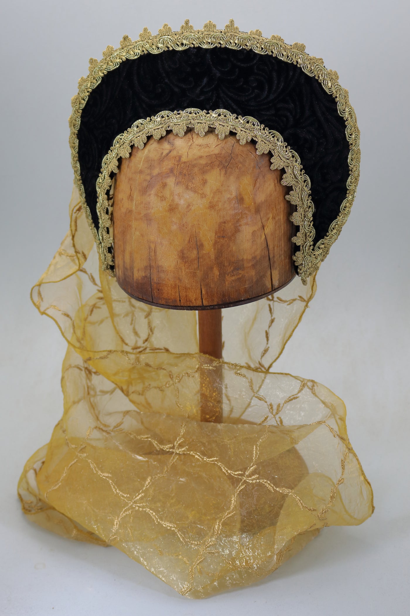 French Hood - Black Embossed Velvet / Gold Trim / Embroidered Gold Veil