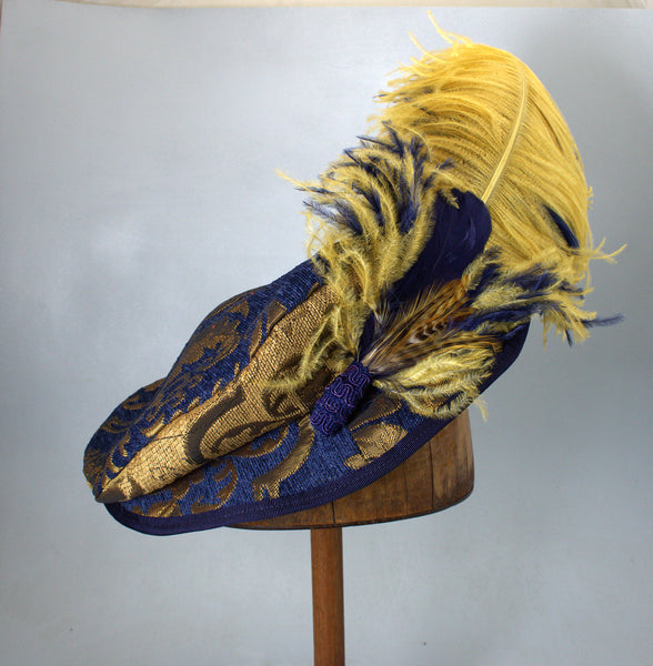 Flat Cap - Blue Gold Brocade - Tall Toad