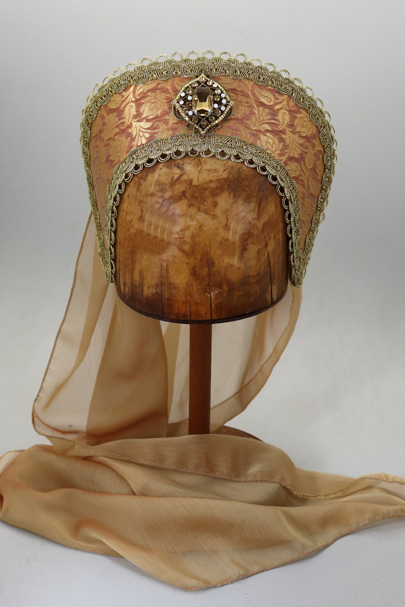 French Hood - Clay Gold Brocade / Gold Trim / Amber and Opal Jewel