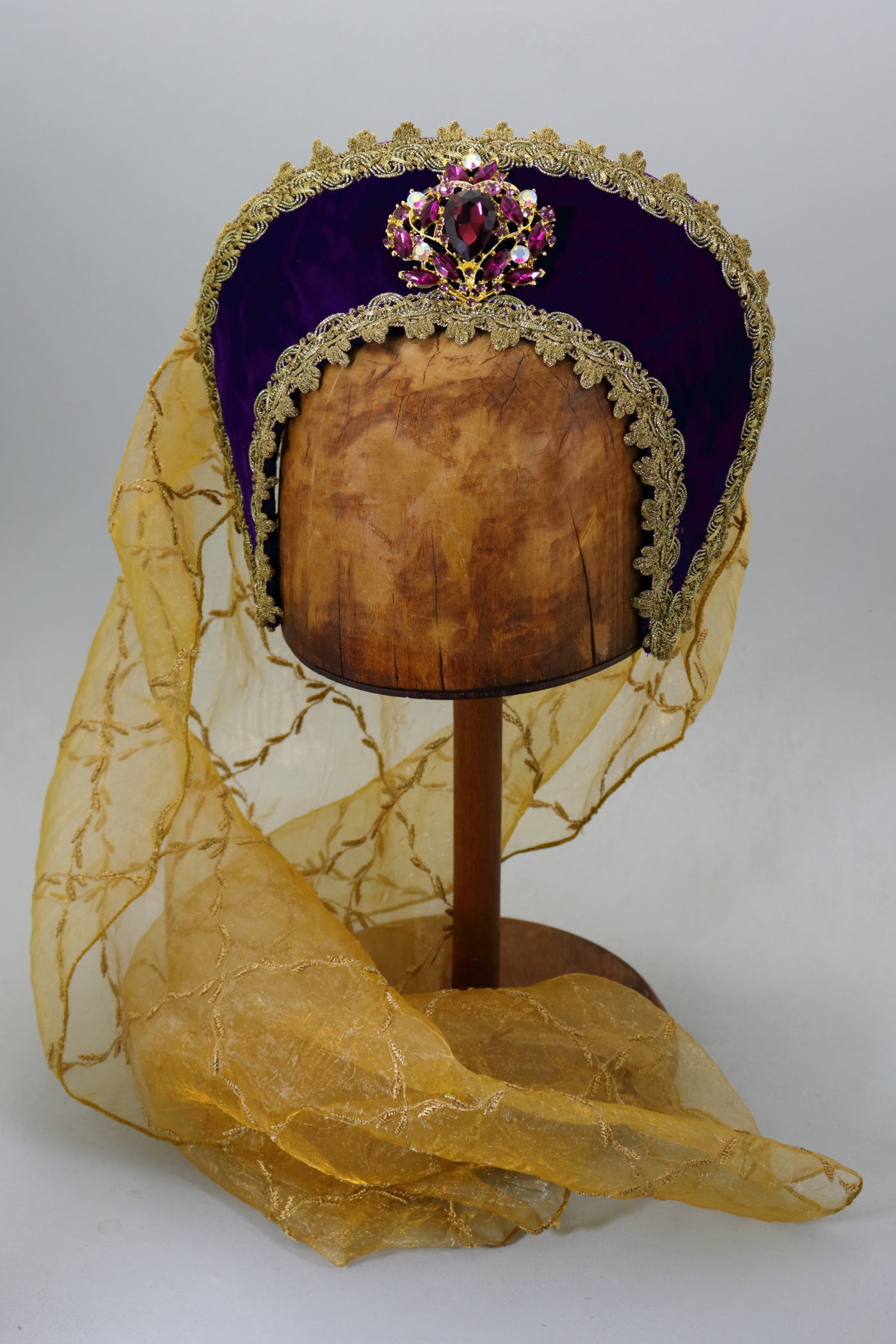 French Hood - Purple Velvet / Gold Trim / Fancy Jewel / Embroidered Gold Veil