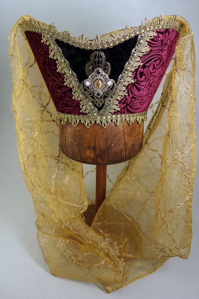 Horned Headdress - Wine Embossed / Gold Embroidered Veil / Fancy Jewel