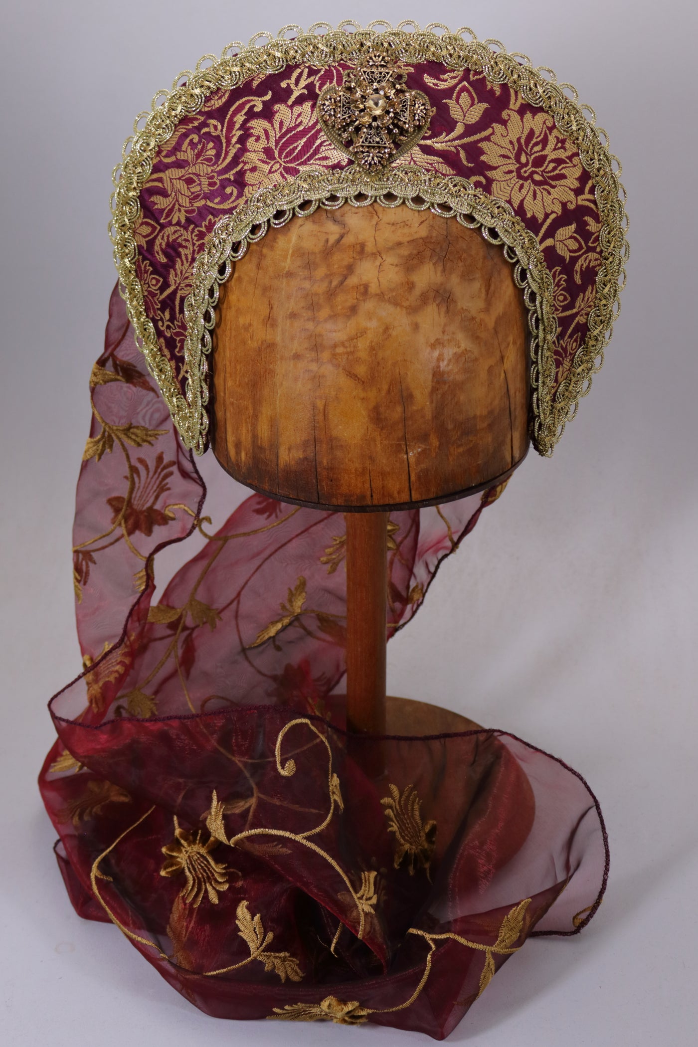 French Hood - Burgundy Gold Brocade / Amber Jewel / Burgundy Embroidered Veil