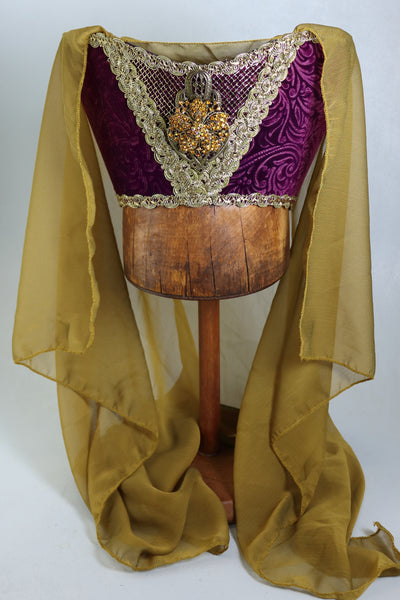 Horned Headdress - Berry Embossed Velvet / Antique Gold Chiffon Veil / Amber Jewel