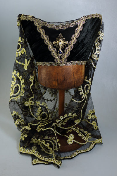 Horned Headdress - Black Crushed Velvet / Black Gold Embroidered Sequin Veil / Onyx And Pearl Jewel