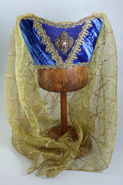 Horned Headdress - Blue Crushed Velvet / Antique Gold Embroidered Veil / Gold Topaz Veil