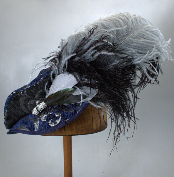 Long Fancy Feather Hat Pin - Silver Black - Tall Toad