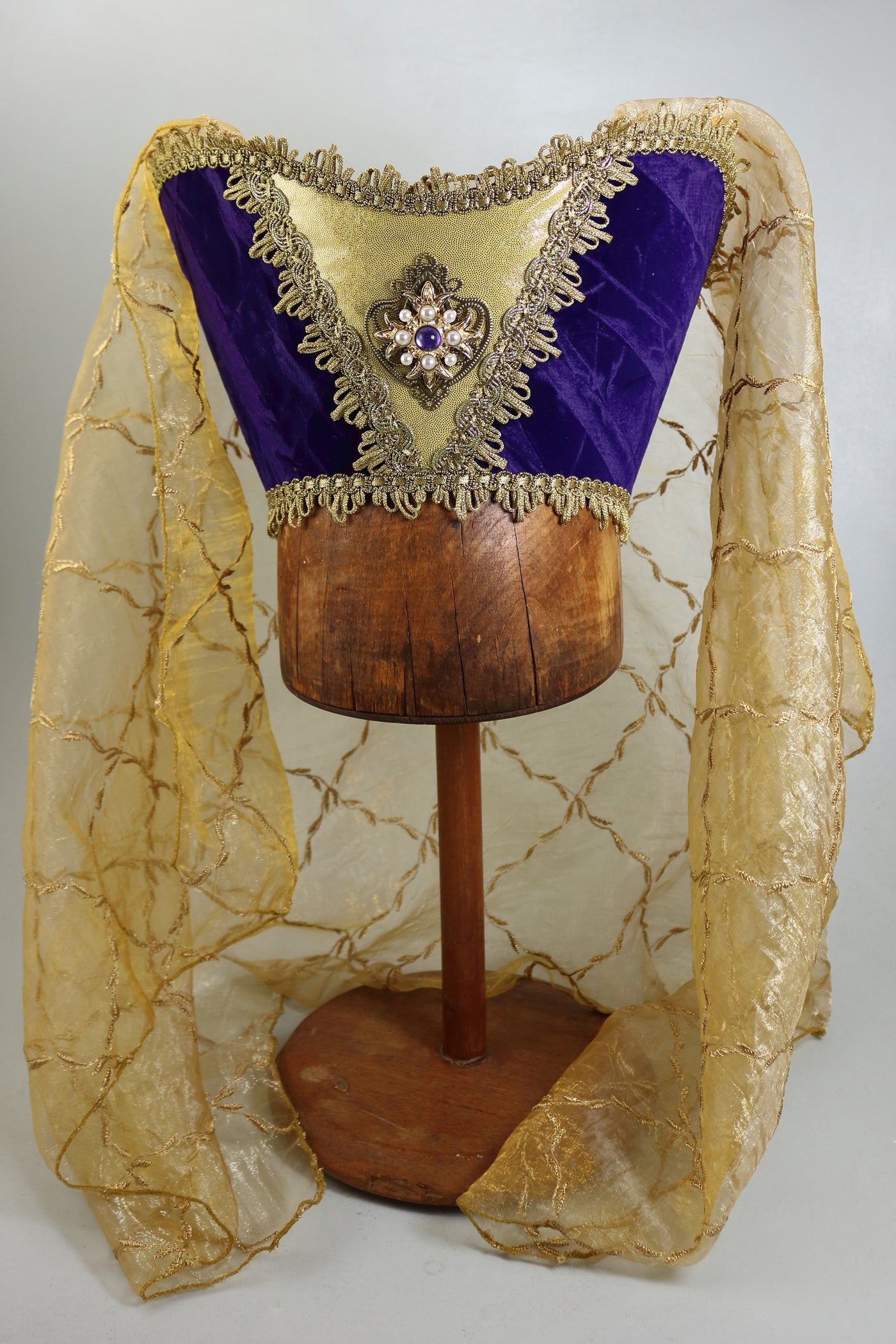 Horned Headdress - Purple Velvet / Gold Embroidered Veil / Purple And Pearl Jewel