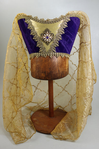 Horned Headdress - Purple Velvet / Gold Embroidered Veil / Purple And Pearl Jewel