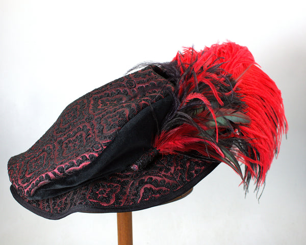 Long Fancy Feather Hat Pin - Red Black - Tall Toad