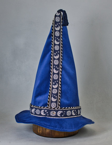 Cotton Velveteen Wizard Hat - Blue / Silver Moon and Stars