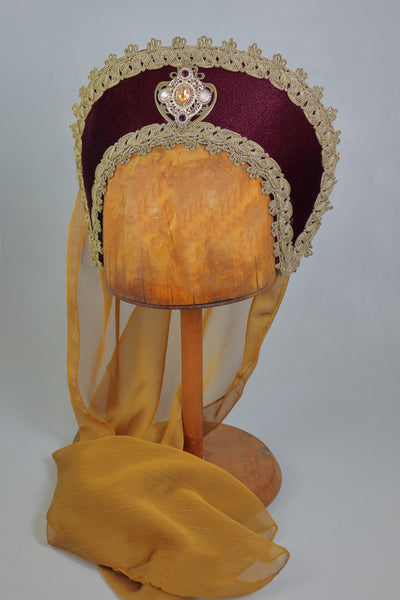 French Hood - Ruby Velvet / Gold Trim / Gold Veil / Ruby and Opal Jewel