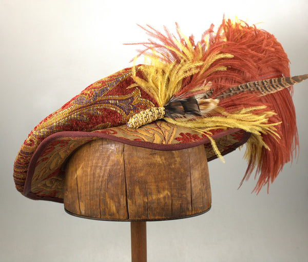Long Fancy Feather Hat Pin - Cinnamon Vintage Gold - Tall Toad