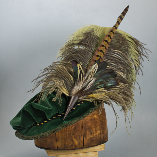 Long Fancy Feather Hat Pin - Antique Natural Green and Butterscotch - Tall Toad