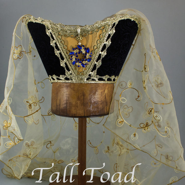 Fancy Horned Headdress - Black Velvet / Gold Sequin Veil / Blue Jewel - Tall Toad