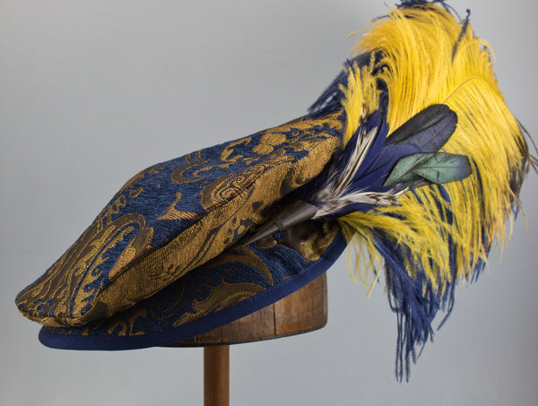 Long Fancy Feather Hat Pin - Butterscotch / Navy - Tall Toad