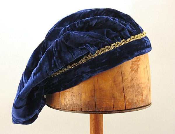 Crushed Velvet Beret - Blue / Gold Trim - Tall Toad