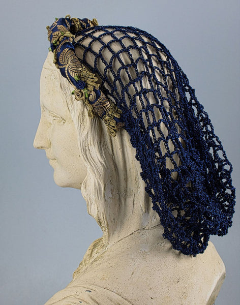 Headband Snood / Blue Gold Metallic / Hand Crocheted Blue Snood - Tall Toad