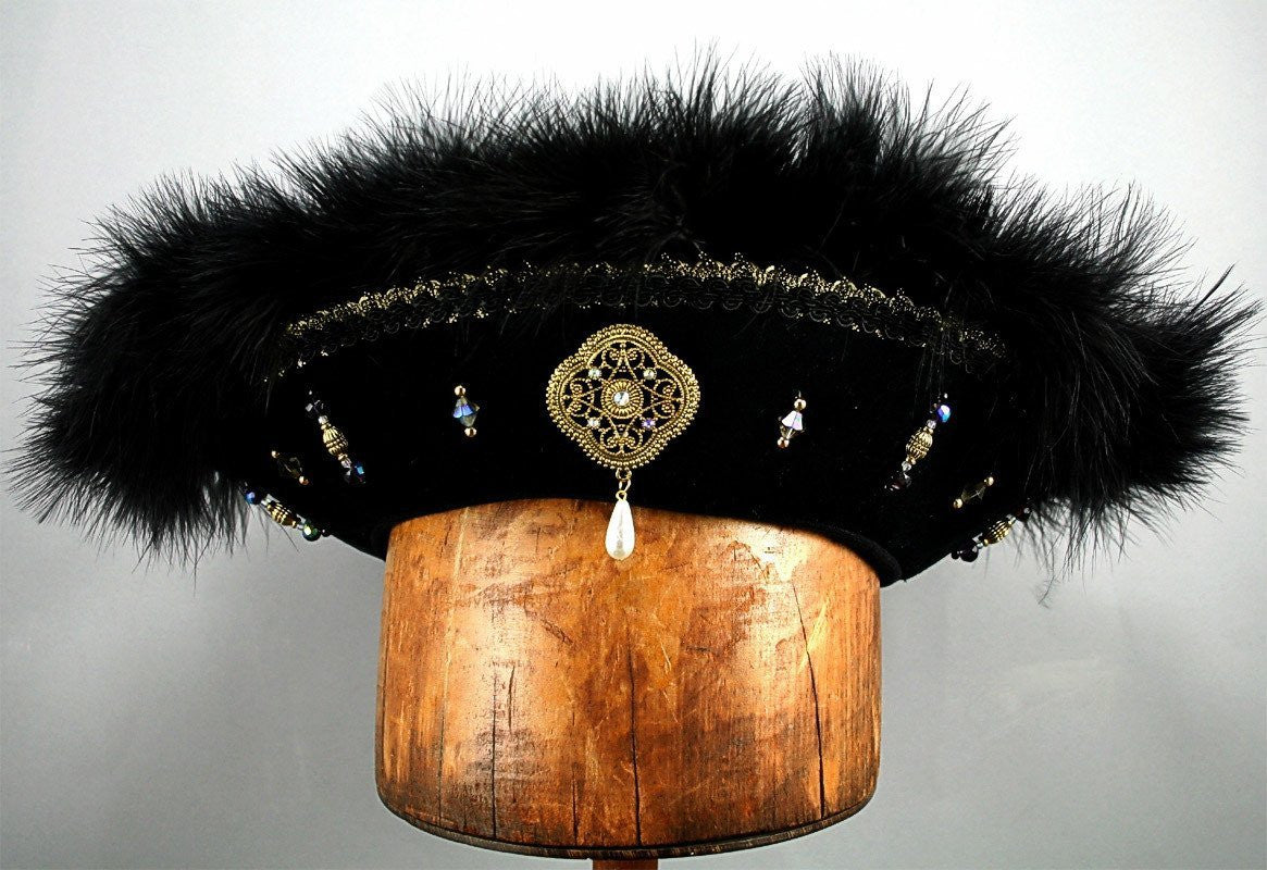 Henry VIII Flat Cap - Black / Black Marabou / Gold Trim / AB Jewels - Tall Toad