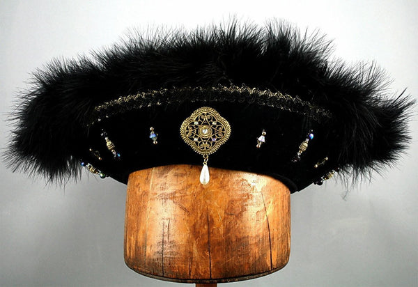 Henry VIII Flat Cap - Black / Black Marabou / Gold Trim / AB Jewels - Tall Toad