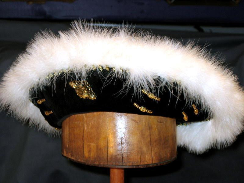 Henry VIII Flat Cap - Black / White Marabou / Gold Trim - Tall Toad