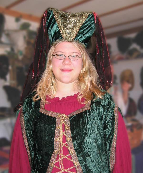 Horned Headdress - Green Velvet / Gold Trim / Green & Red Metallic Veil - Tall Toad