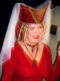 Horned Headdress - Red Velvet / Gold Trim / White Veil - Tall Toad