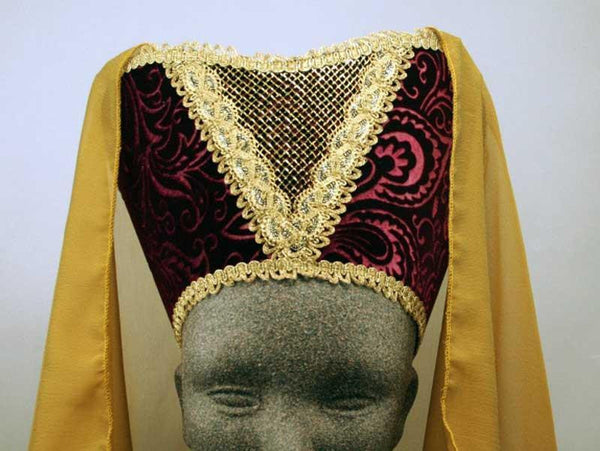 Horned Headdress - Wine Velvet / Gold Trim / Gold Chiffon Veil - Tall Toad