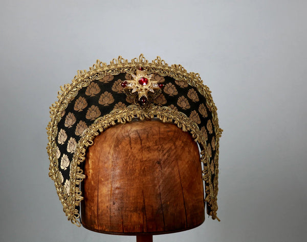 Large French Hood - Black Gold Brocade / Burgundy Jewel / No Veil