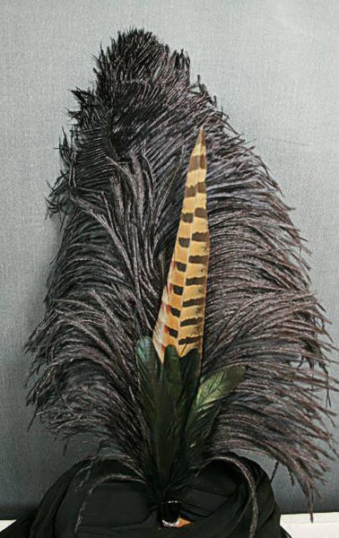 Long Fancy Feather Hat Pin - Double Black - Tall Toad