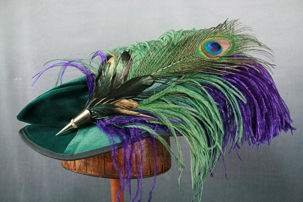 Long Fancy Feather Hat Pin - Green Purple - Tall Toad