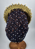 Large French Hood - Blue Gold Brocade / Blue Jewel / Pearl - Blue Stick Pins / No Veil