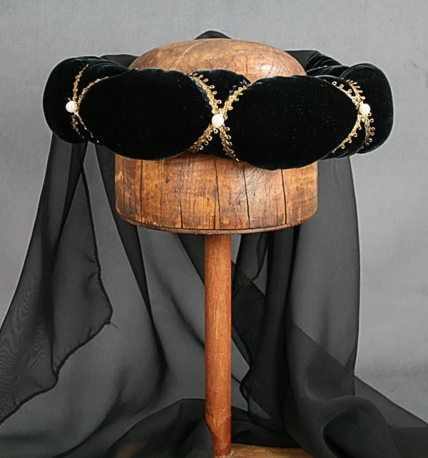 Veiled Roundlet - Black / Gold Trim / Black Veil / Pearls - Tall Toad