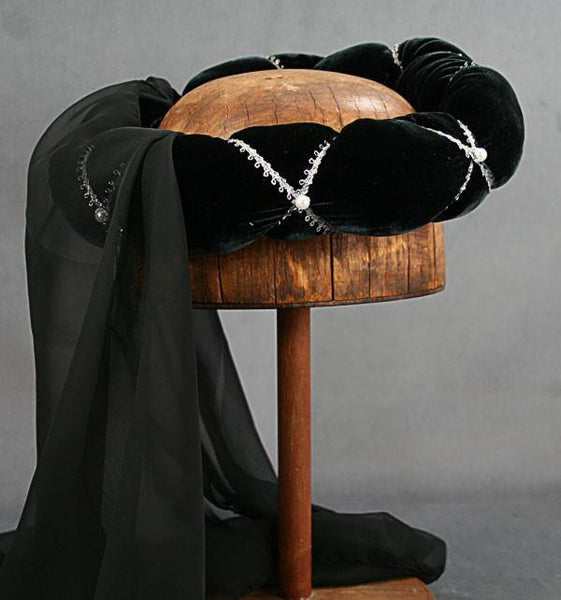 Veiled Roundlet - Black / Silver Trim / Black Veil / Pearls - Tall Toad