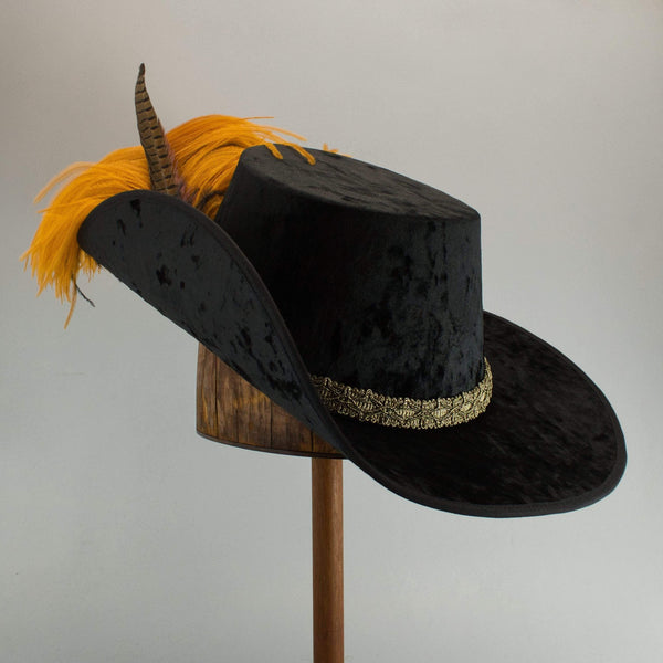 Crushed Velvet Cavalier - Black / Antique Gold / Butterscotch and Black Feathers - Tall Toad