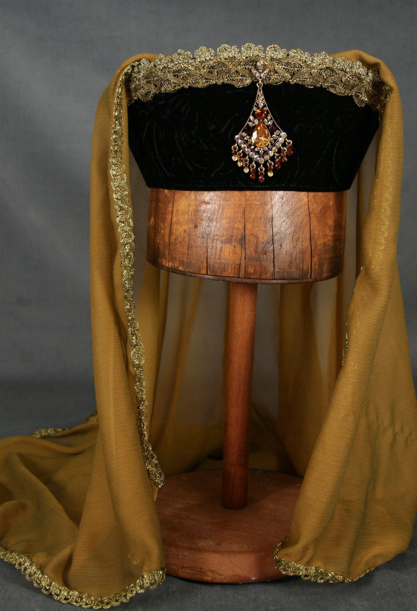 Tall Circlet - Black Embossed Velvet / Gold Trim / Gold Veil / Jewel - Tall Toad