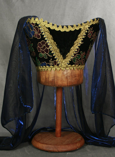 Horned Headdress - Black Multi Colored Velvet / Blue Metallic Veil - Tall Toad