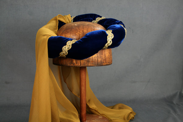 Veiled Roundlet - Blue / Gold Trim / Gold Veil - Tall Toad