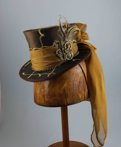 Mini Top Hat - Copper Embroidered Taffeta / Gold Chiffon / Steampunk Details