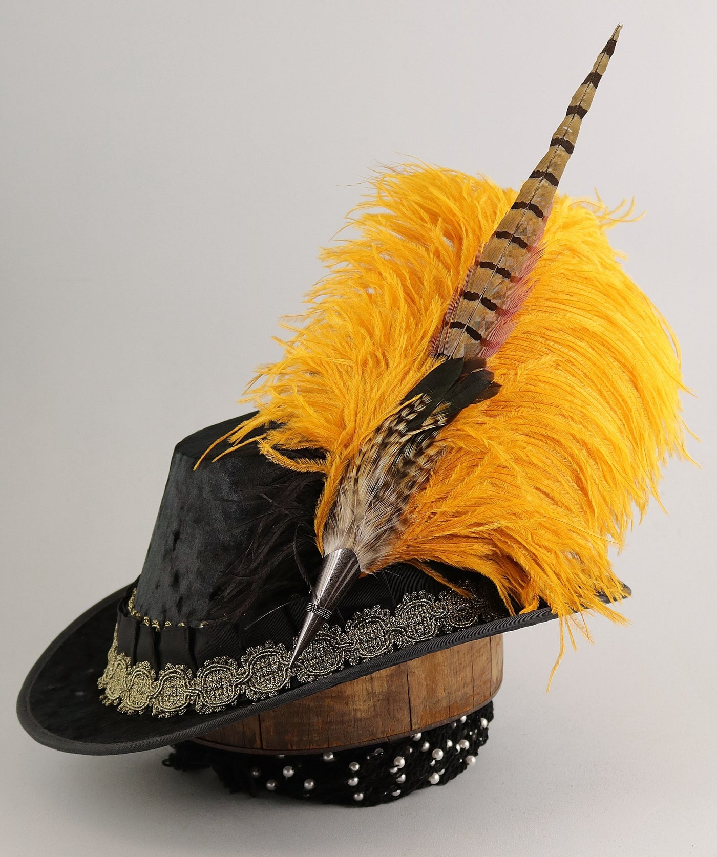 Long Fancy Feather Hat Pin - Double Butterscotch - Tall Toad