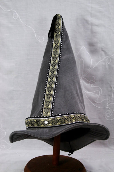 Cotton Velveteen Wizard Hat - Silver Gray / Silver Gold - Tall Toad