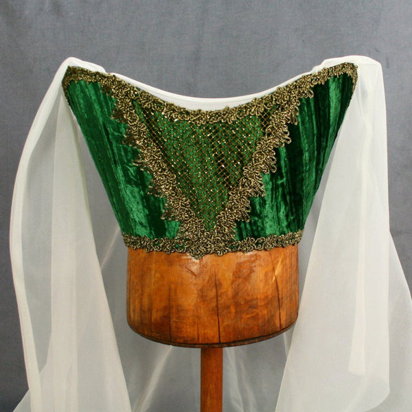 Horned Headdress - Green Velvet / Gold Trim / Ivory Veil - Tall Toad