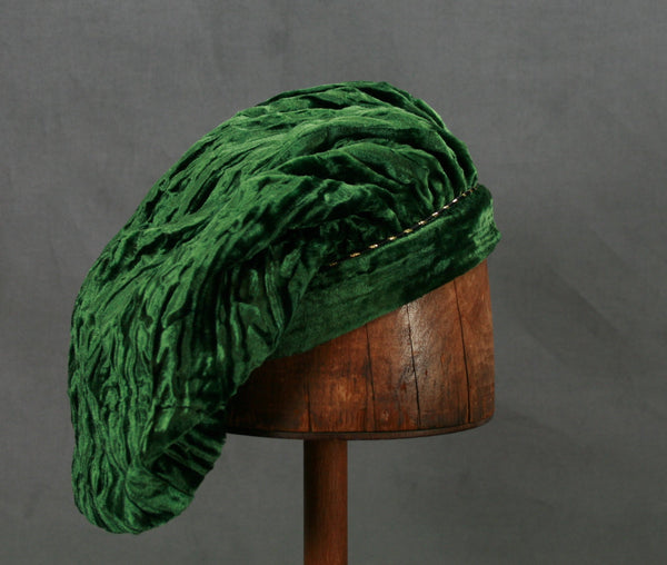 Crushed Velvet Beret - Green Long / Gold Trim - Tall Toad