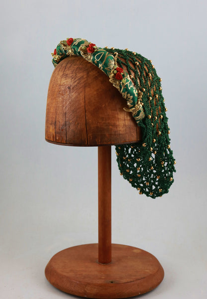 Headband Snood / Green Gold Metallic / Hand Crocheted Green Snood With Gold Beads