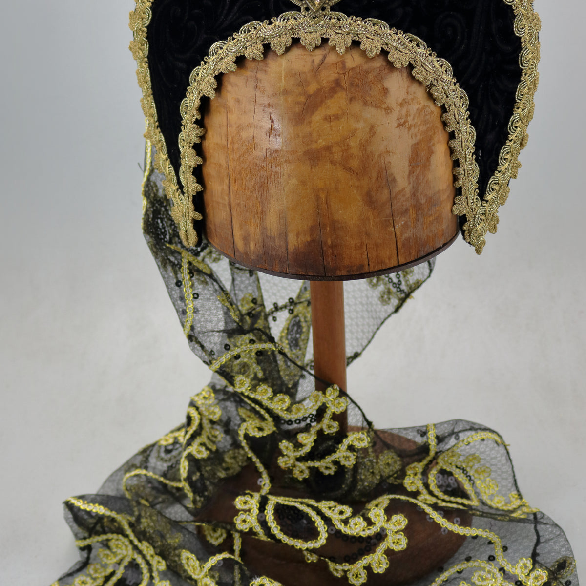 French Hood - Black Embossed Velvet / Gold Trim / Embroidered Veil 
